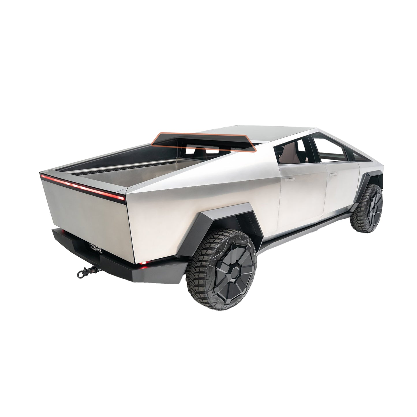 A silver aluminum truck with a spacious bed, showcasing its sturdy design and functionality.