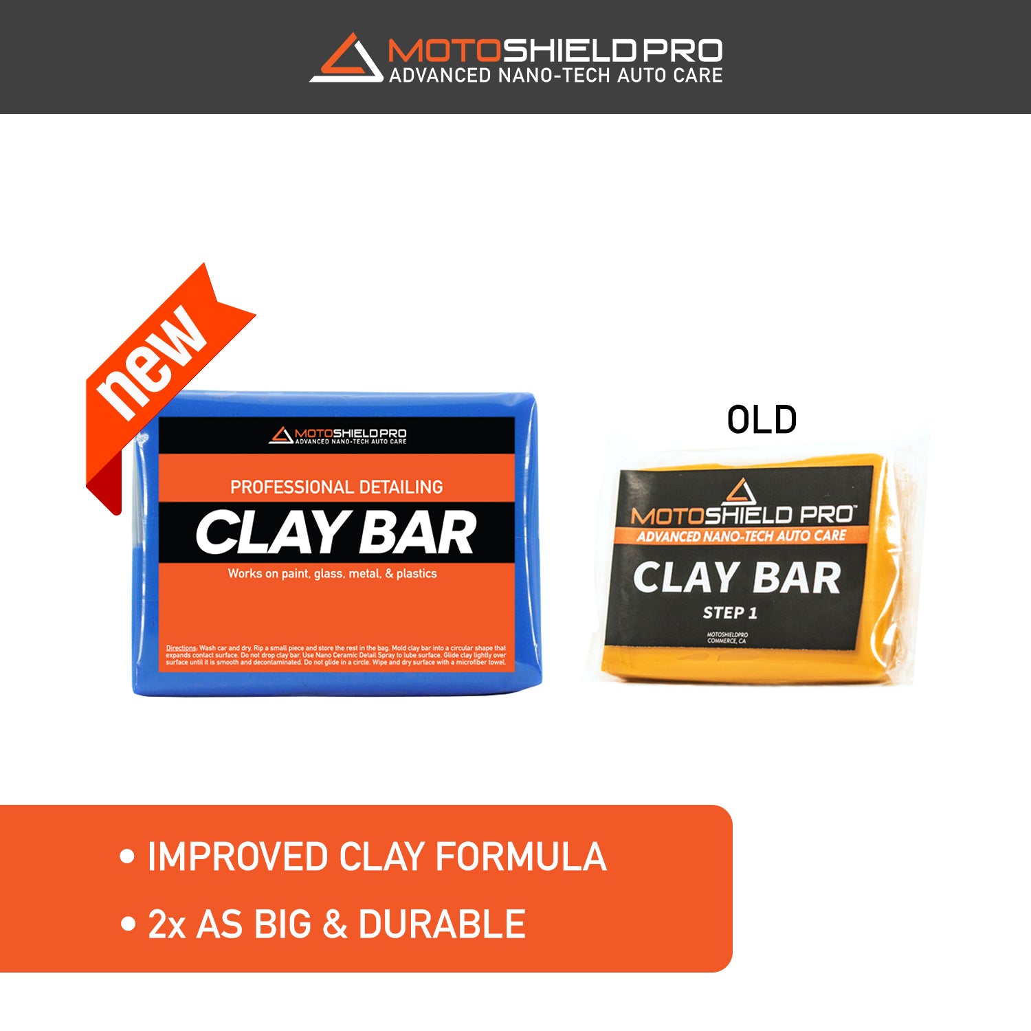 Image of a clay bar displaying "improved clay bar formula" alongside "old formula" for comparison.