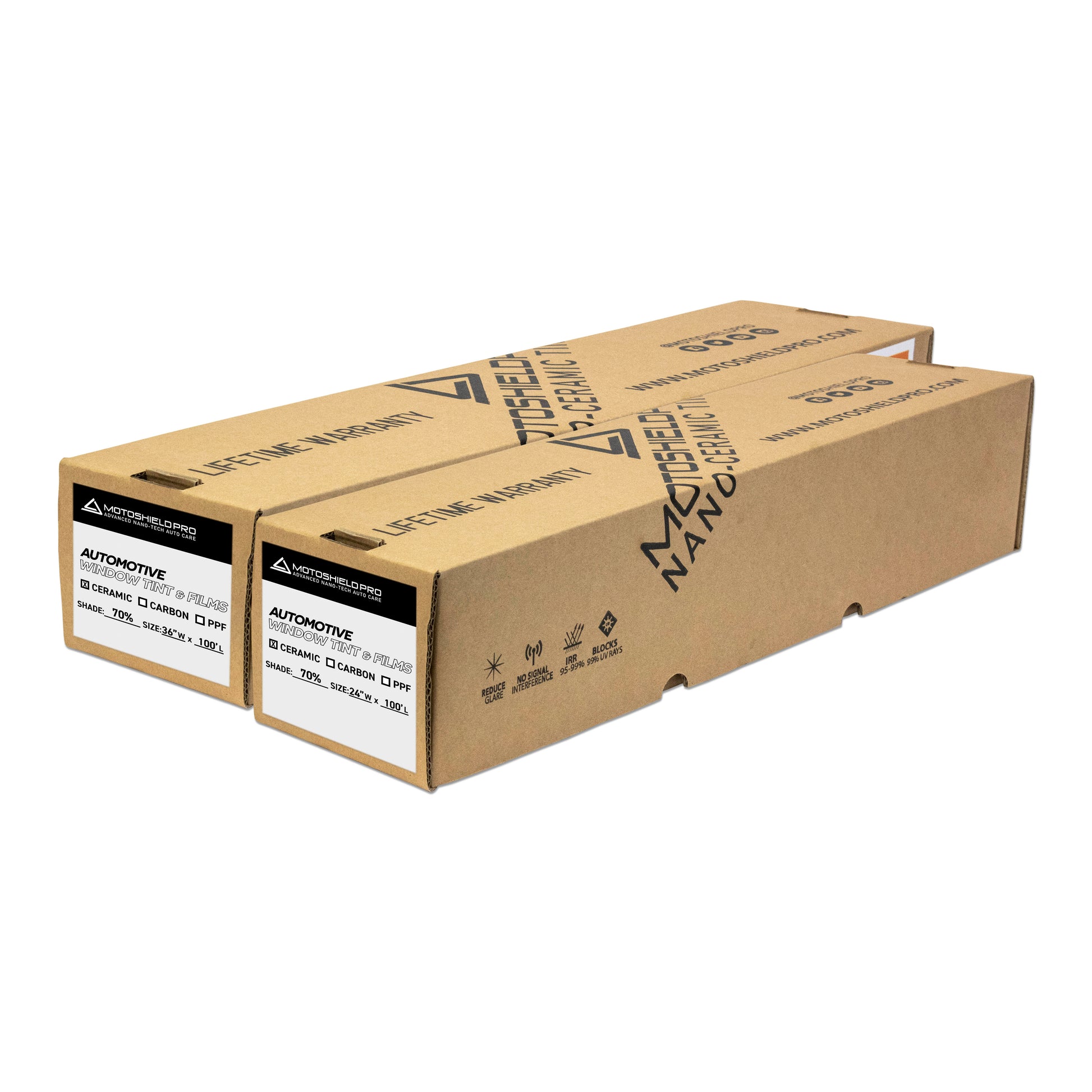 Two boxes of black toner cartridges designed for Canon printers, showcasing their packaging and branding.