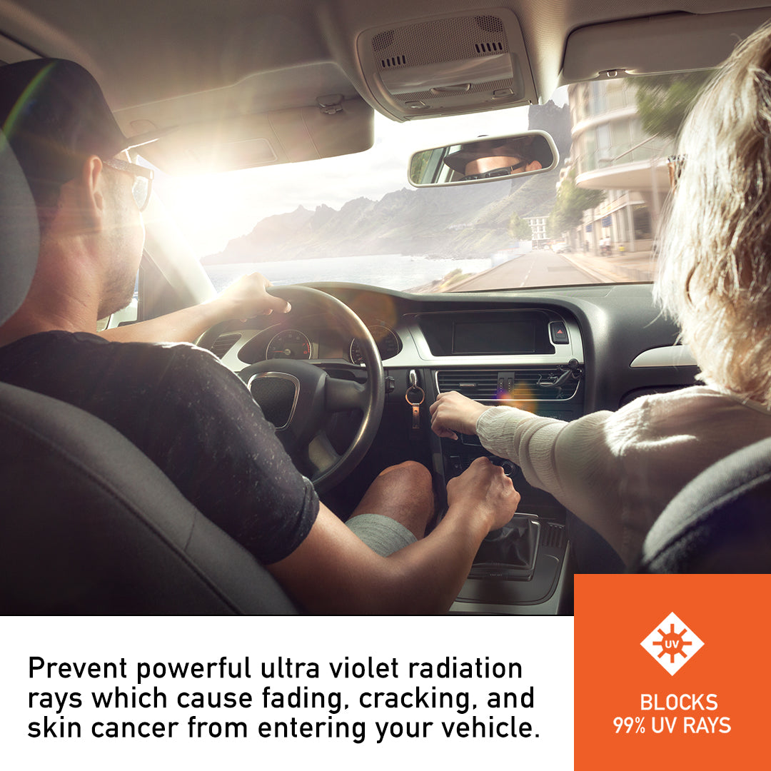 Two individuals inside a car, emphasizing the importance of preventing harmful ultraviolet radiation exposure.