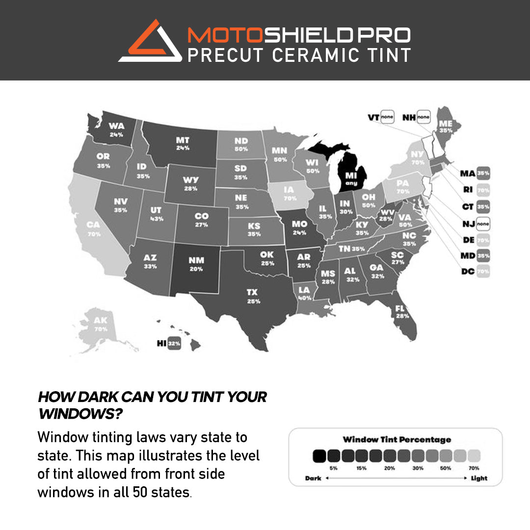 Map of US highlighting states with highest tint percentage using precut ceramic tint.