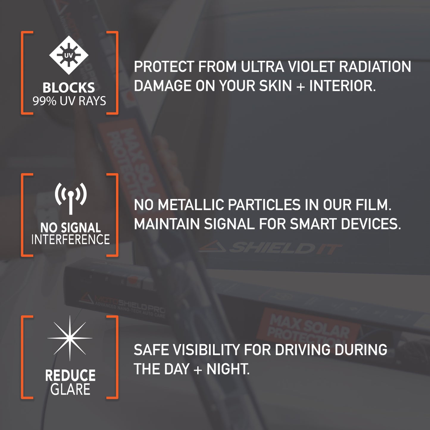 Car window shield with nano ceramic tint, shielding the driver from harmful UV rays.