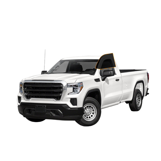 A white 2019 GMC Sierra parked against a clean white background, showcasing its sleek design and modern features.