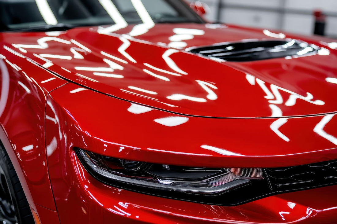 A close-up of a shiny red car's front hood and headlights.