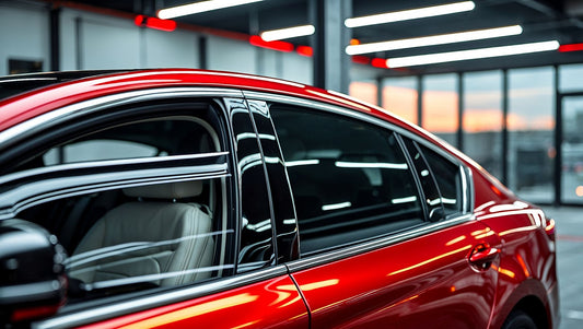 A sleek red car parked inside a modern garage with bright lights and a sunset view.
