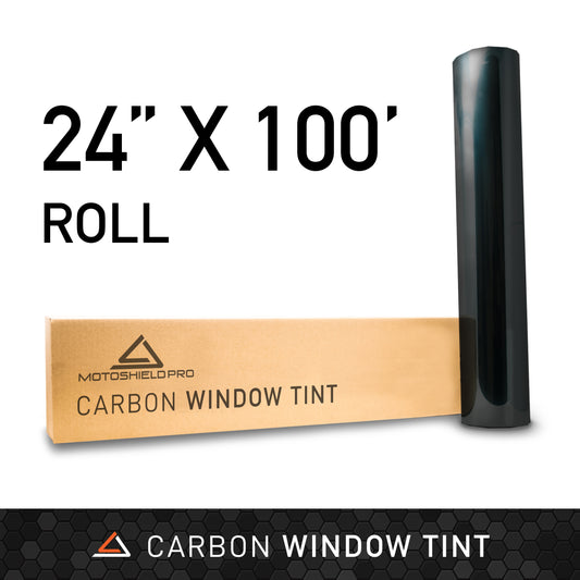 Professional carbon window tint roll measuring 24x100 inches, ideal for automotive applications by MotoShield Pro.