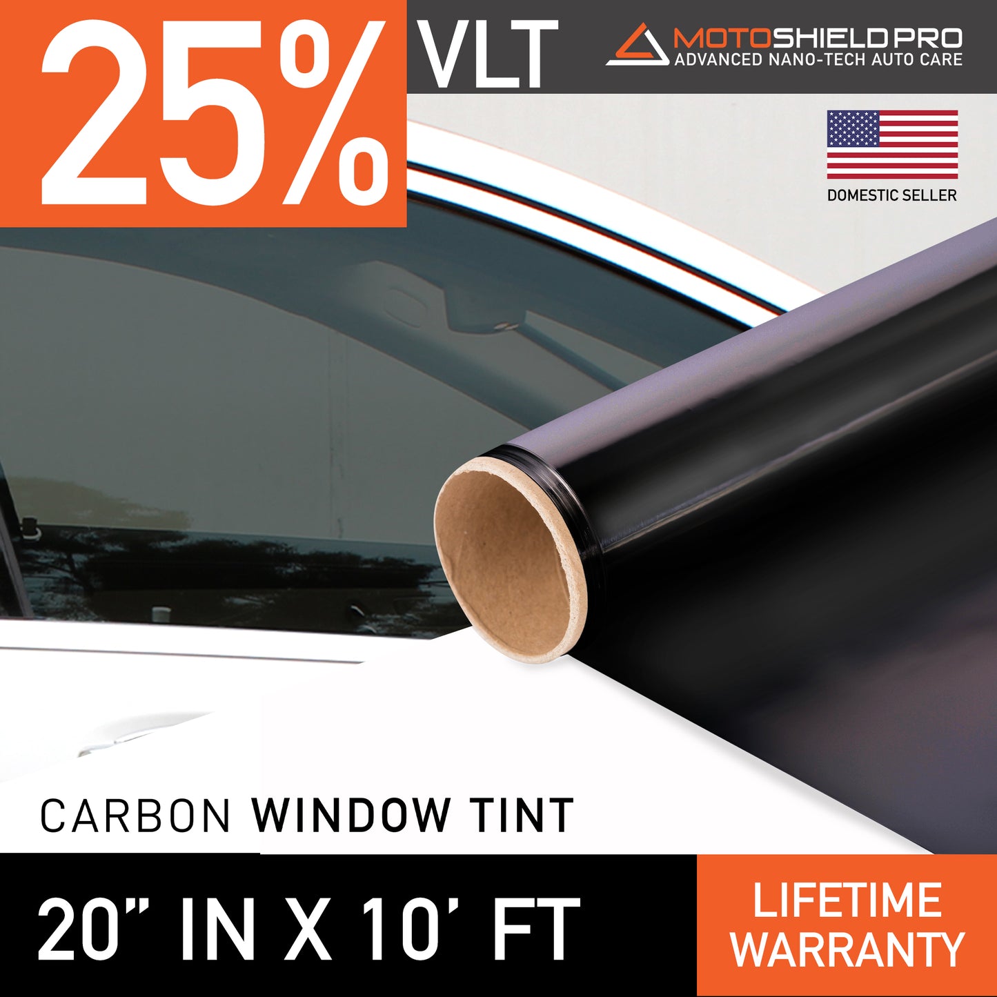 MotoShield Pro Carbon Window Tint - 20" in x 10' ft Roll + Lifetime Warranty