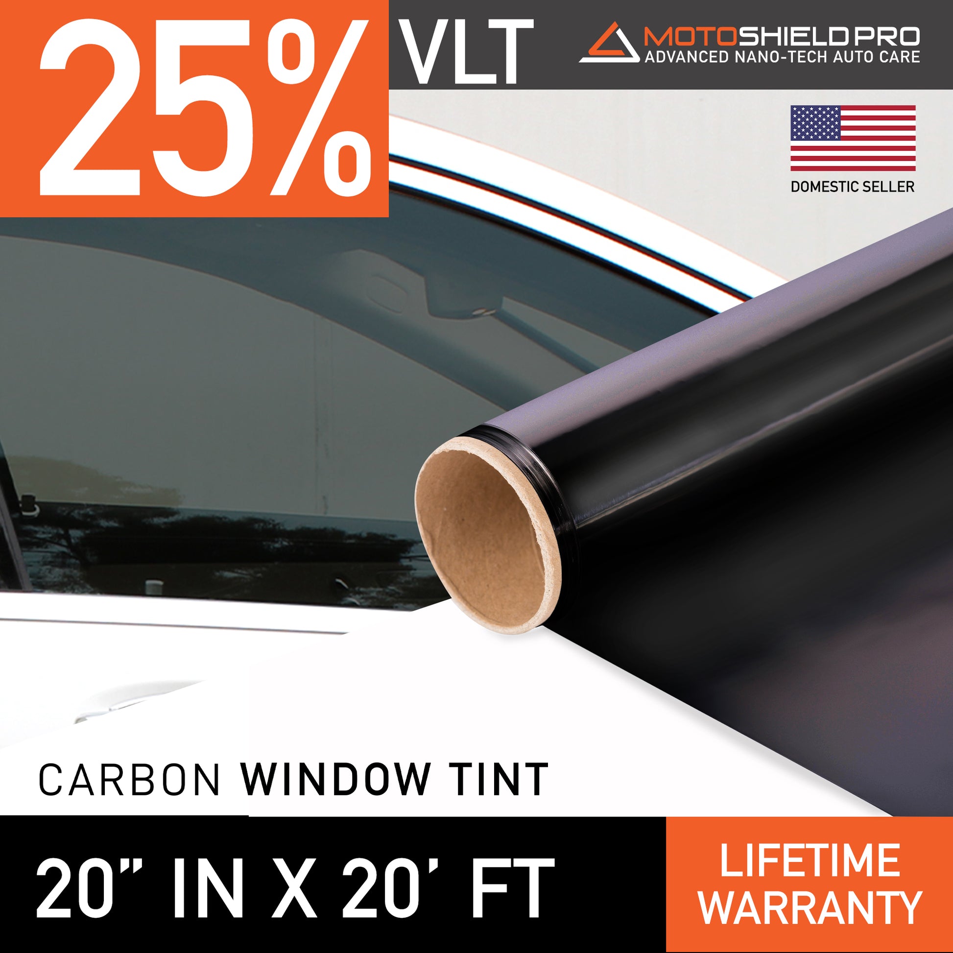 MotoShield Pro Carbon Window Tint - 20" in x 20' ft Roll + Lifetime Warranty