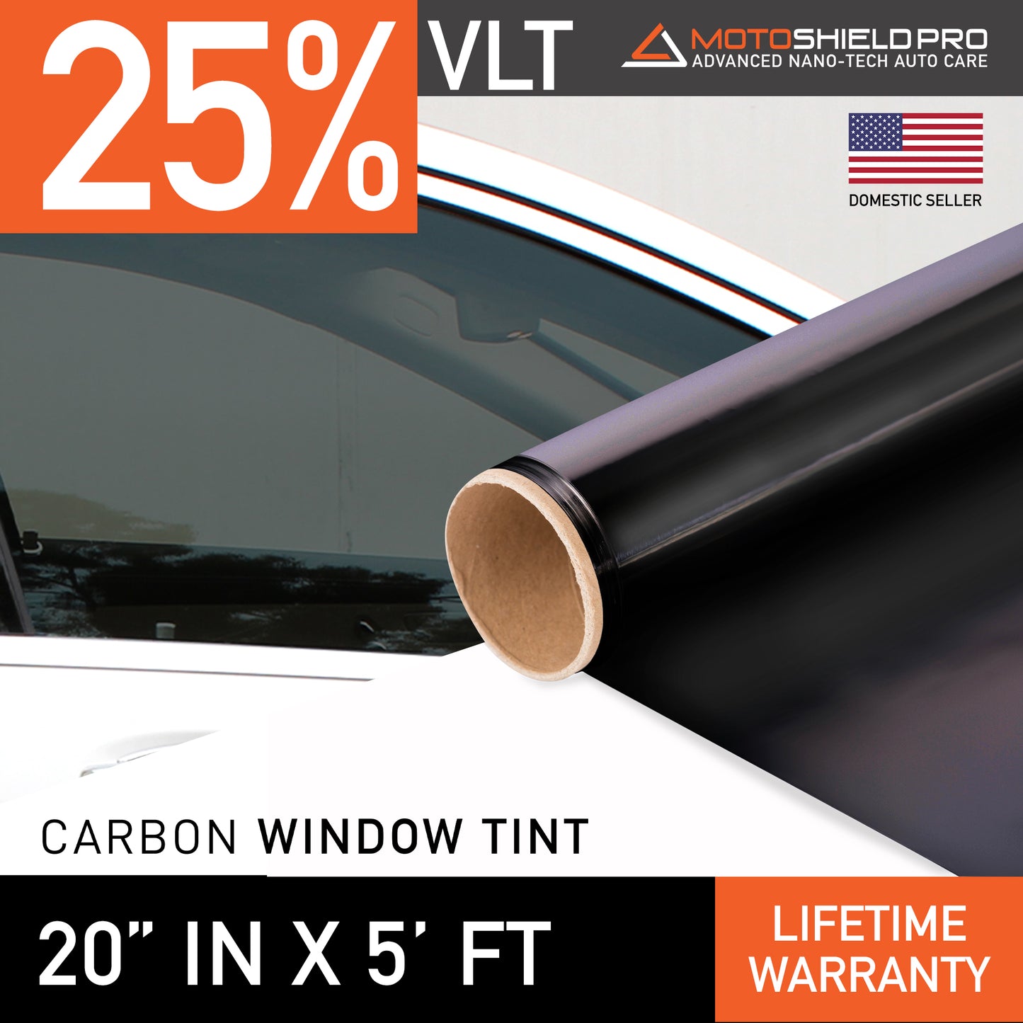 MotoShield Pro Carbon Window Tint - 20" in x 25' ft Roll + Lifetime Warranty
