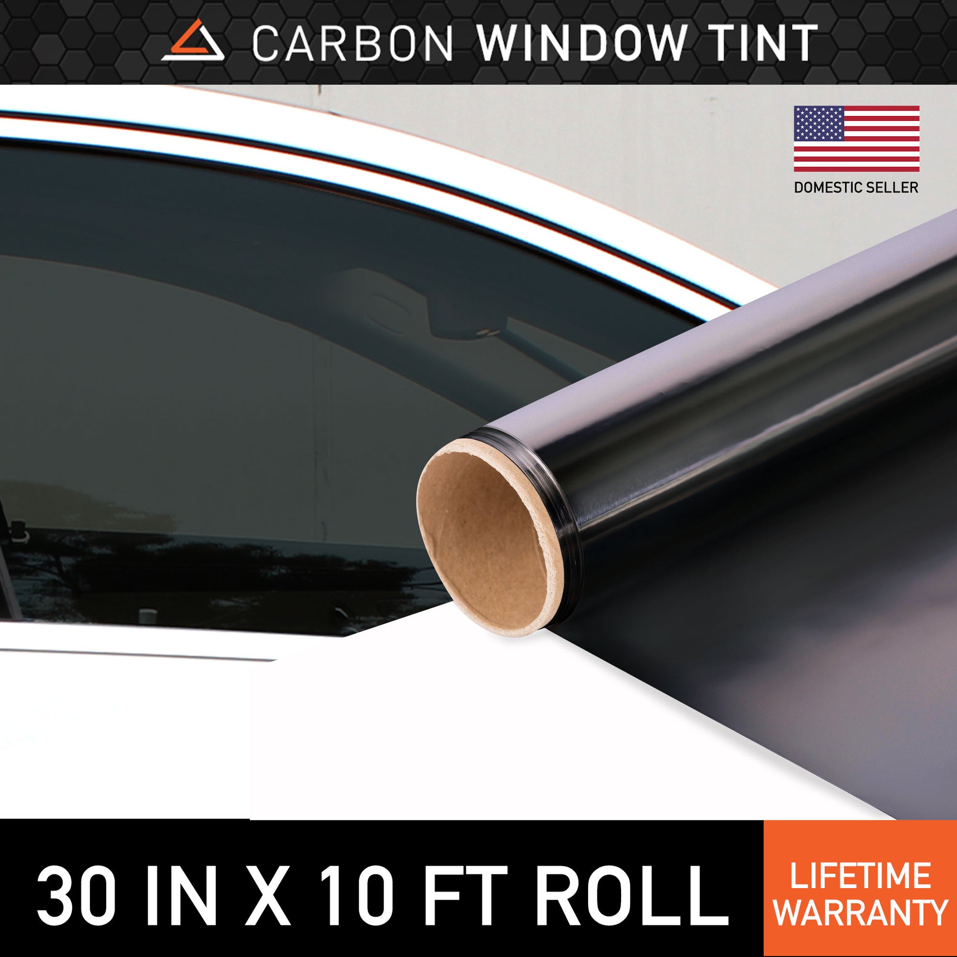 Front view of car with 30 x 10 carbon window tint roll in foreground.