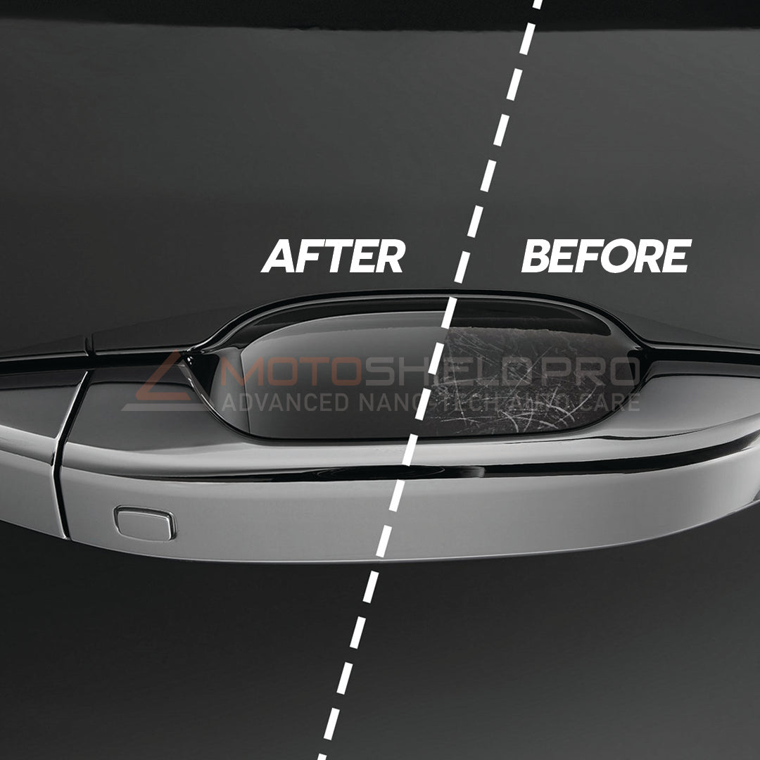 Before and after image showcasing the transformation of a car door handle, highlighting its improved appearance and condition.

