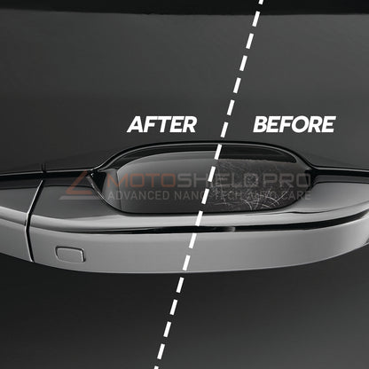 Before and after image showcasing the transformation of a car door handle, highlighting its improved appearance and condition.

