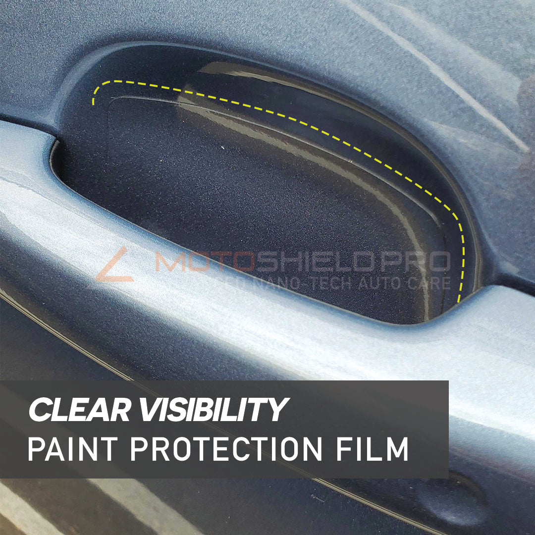 Clear protective film on door handle for MotoShield Pro Door Cup Protector.