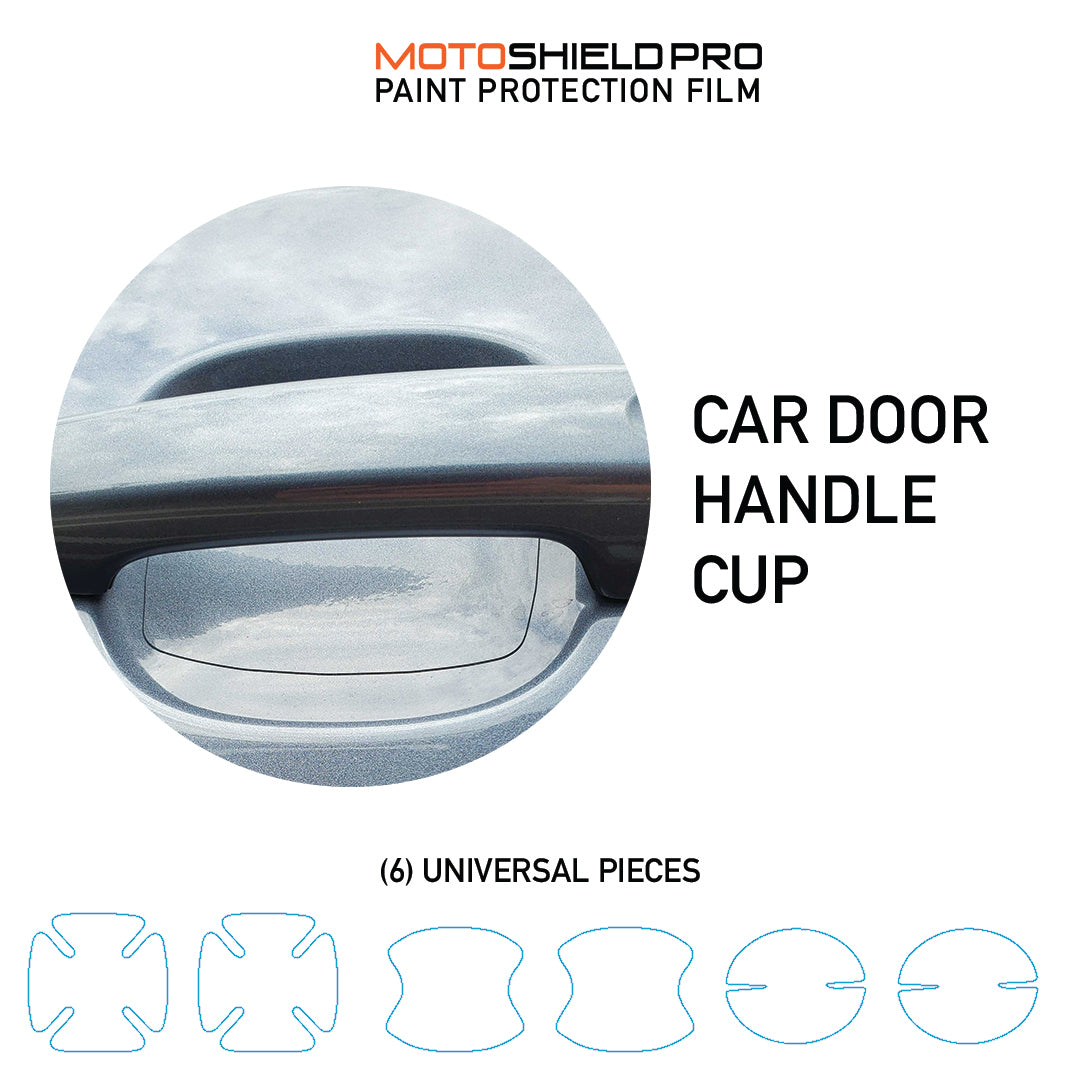 Close-up of a car door handle cup labeled "car door handle cup," showcasing the MotoShield Pro Door Cup Protector design.